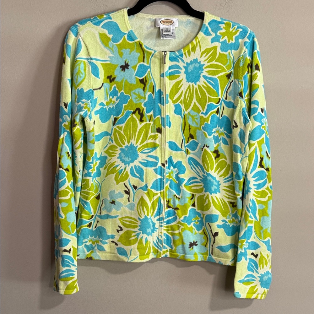 Talbots Blue and Green Floral Zip-Up Sweater